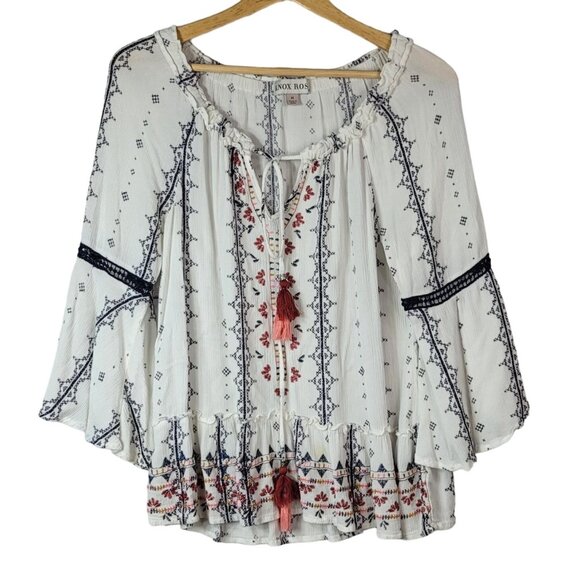 Knox Rose Boho Top Medium Tassel Tie 3/4 Bell Sleeve Flared V Neck Embroidered - Picture 1 of 9